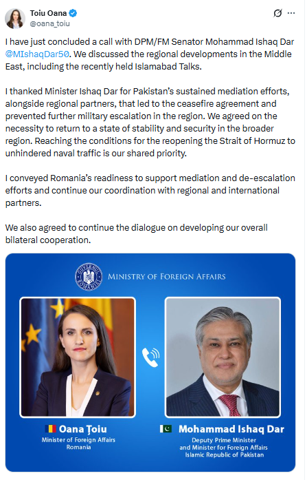 Romania and Pakistan Coordinate on Middle East De-escalation and Strait of Hormuz Reopening